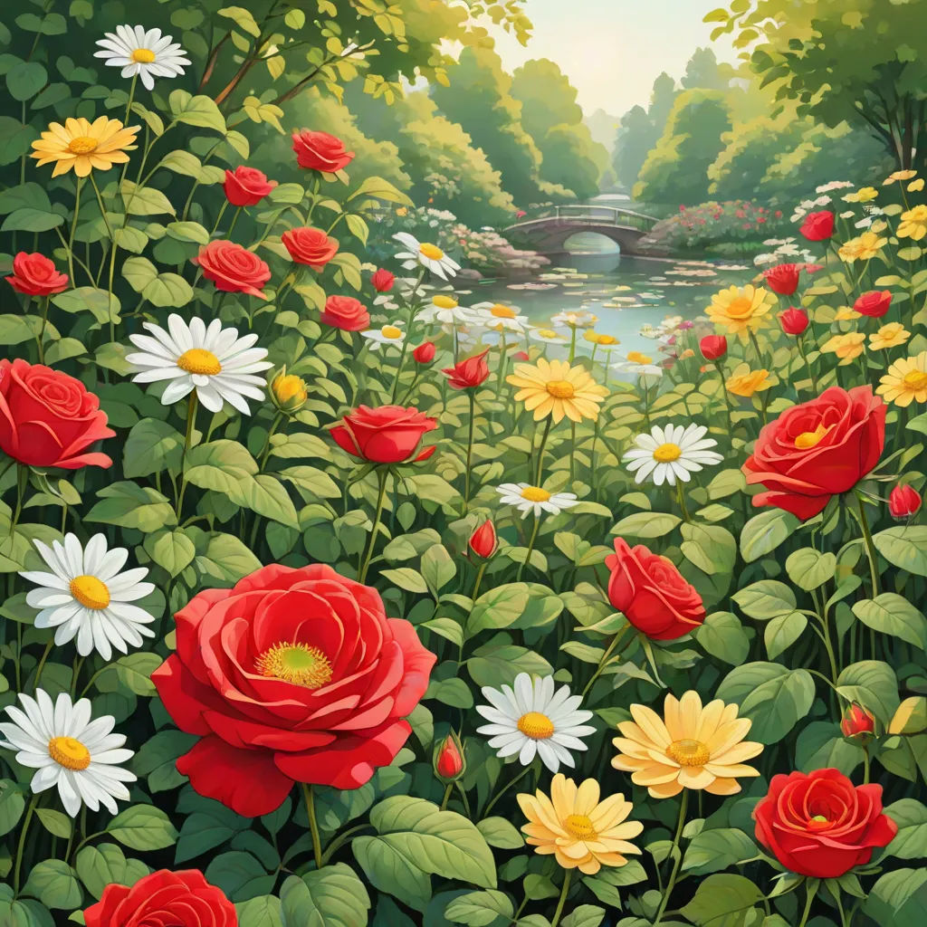 a painting of a field of flowers with a bridge in the background and a river running through it with a bridge in the distance, a detailed matte painting, Chris LaBrooy, naive art, highly detailed digital painting