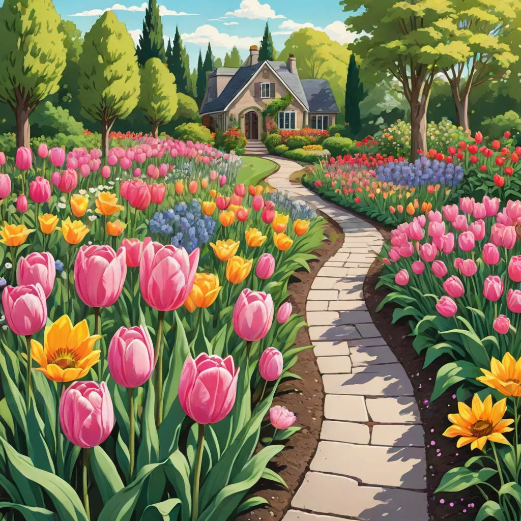 a painting of a garden with flowers and a house in the background with a path leading to it and a brick walkway leading to the front door, a digital rendering, Dan Mumford, american scene painting, official art