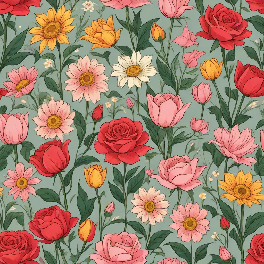 a bunch of flowers that are on a blue background with red, yellow, and pink flowers on it, a detailed painting, Annabel Kidston, arts and crafts movement, flowers