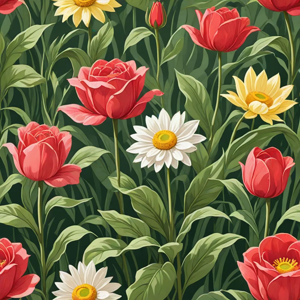a field of red and yellow flowers with green leaves and a yellow center surrounded by white and yellow flowers, a flemish Baroque, Annabel Kidston, folk art, flowers