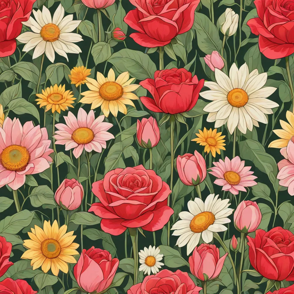 a bunch of flowers that are on a table cloth with a flower pattern on it, and a green background, a detailed painting, Annabel Kidston, folk art, flowers