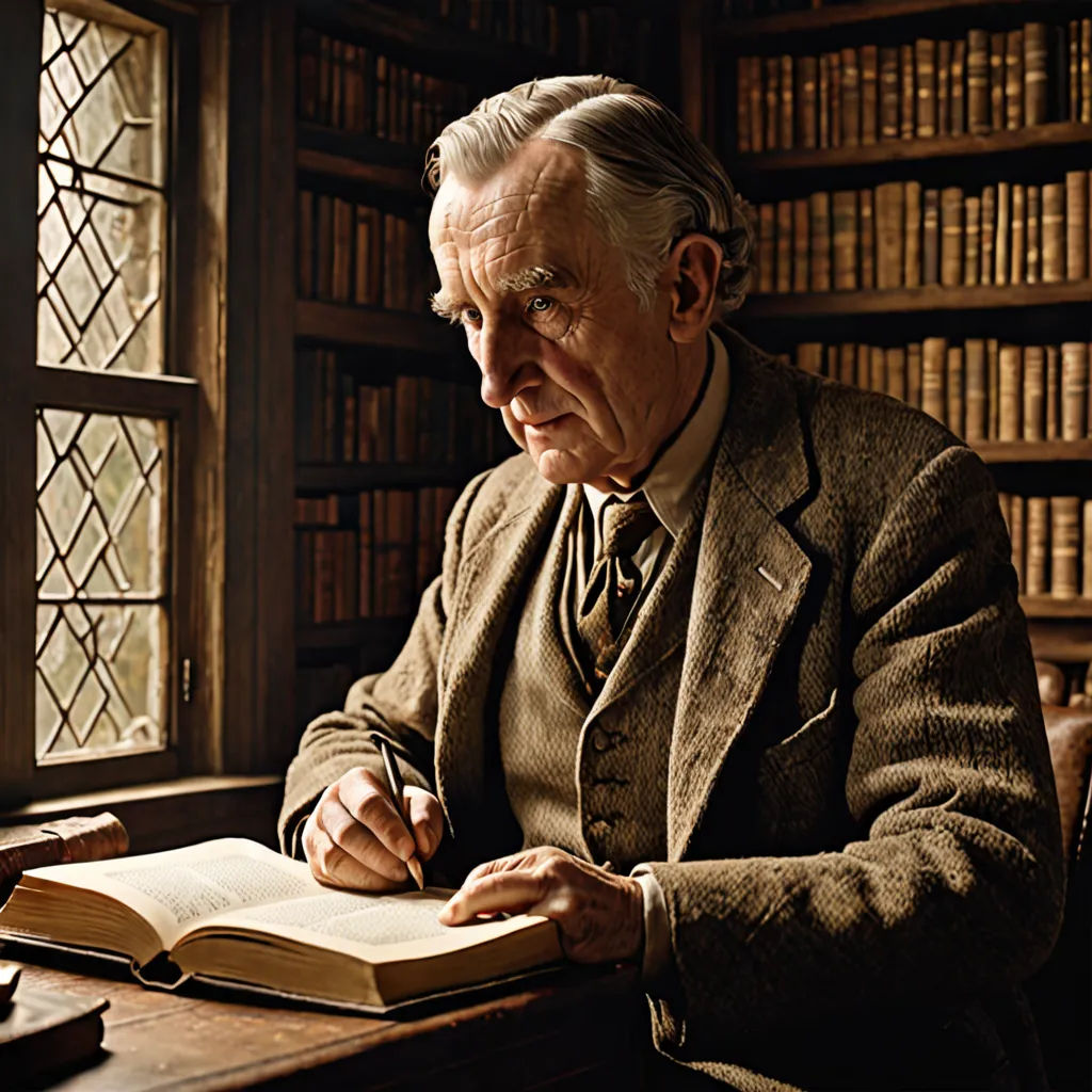 a man sitting at a desk in front of a book and pen in his hand and a book in his other hand, Colin Gill, arts and crafts movement, a colorized photo, promotional image