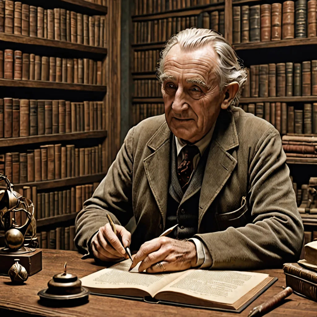 a man sitting at a desk in front of a book and a pen in his hand and a book on the table, Carel Willink, fantastic realism, a detailed matte painting, extremely detailed oil painting