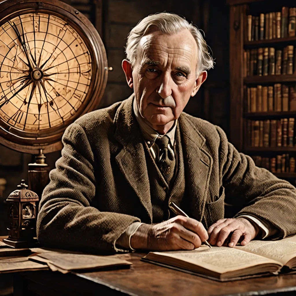 a man sitting at a desk with a book and a clock in the background and a book open to the side, Alexander Jansson, arts and crafts movement, a colorized photo, promotional image