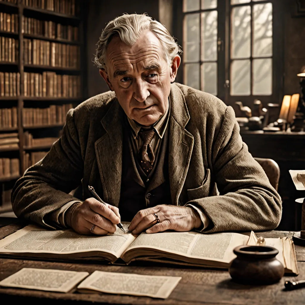 a man sitting at a table with a book and pen in his hand and a book in front of him, Alexander Jansson, arts and crafts movement, a character portrait, promotional image