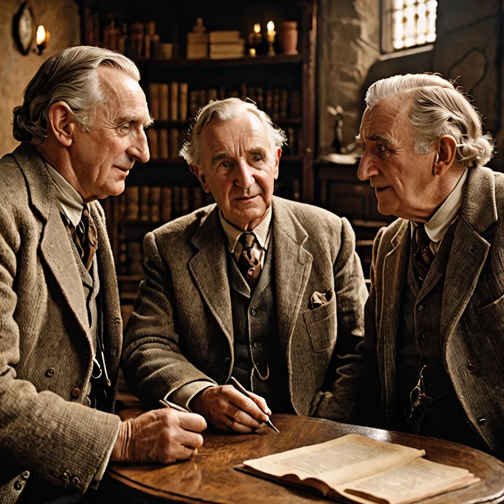 three men sitting at a table with a book in front of them and a book in front of them, Annie Leibovitz, arts and crafts movement, a colorized photo, vfx