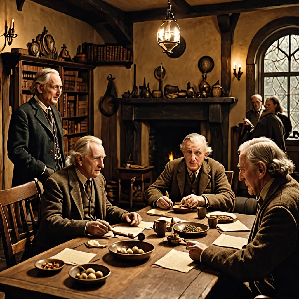 a group of men sitting around a table eating food and drinking wine and talking to each other in a room, David Brewster, arts and crafts movement, a detailed matte painting, promotional image