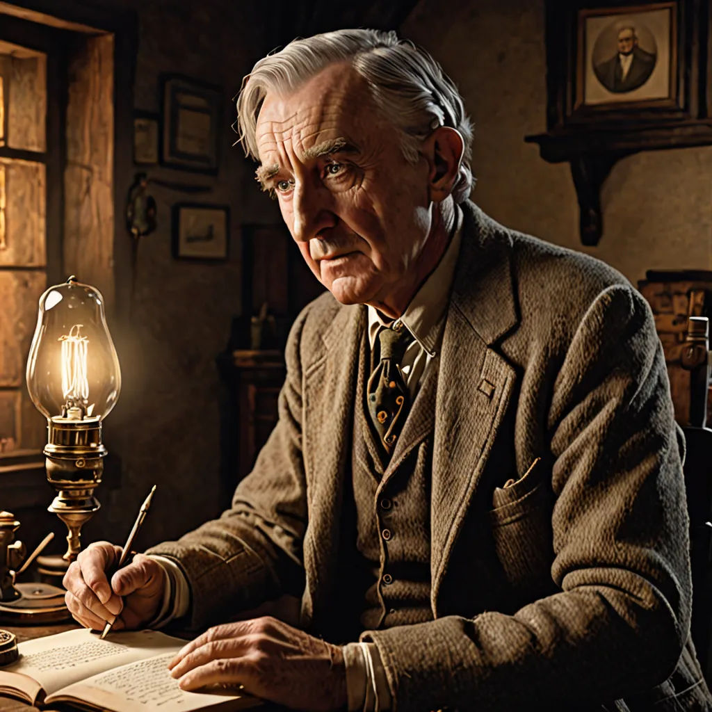 a man sitting at a desk with a lamp and a book in front of him and a lamp on the desk, David Annand, arts and crafts movement, a colorized photo, promotional image