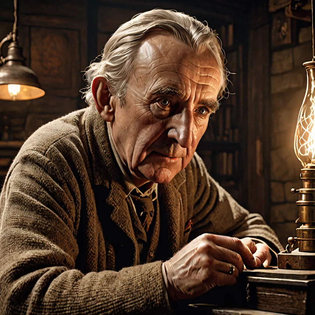 a man sitting at a table with a lamp on it's side and a light on the other side, Alexander Jansson, arts and crafts movement, a detailed matte painting, promotional image