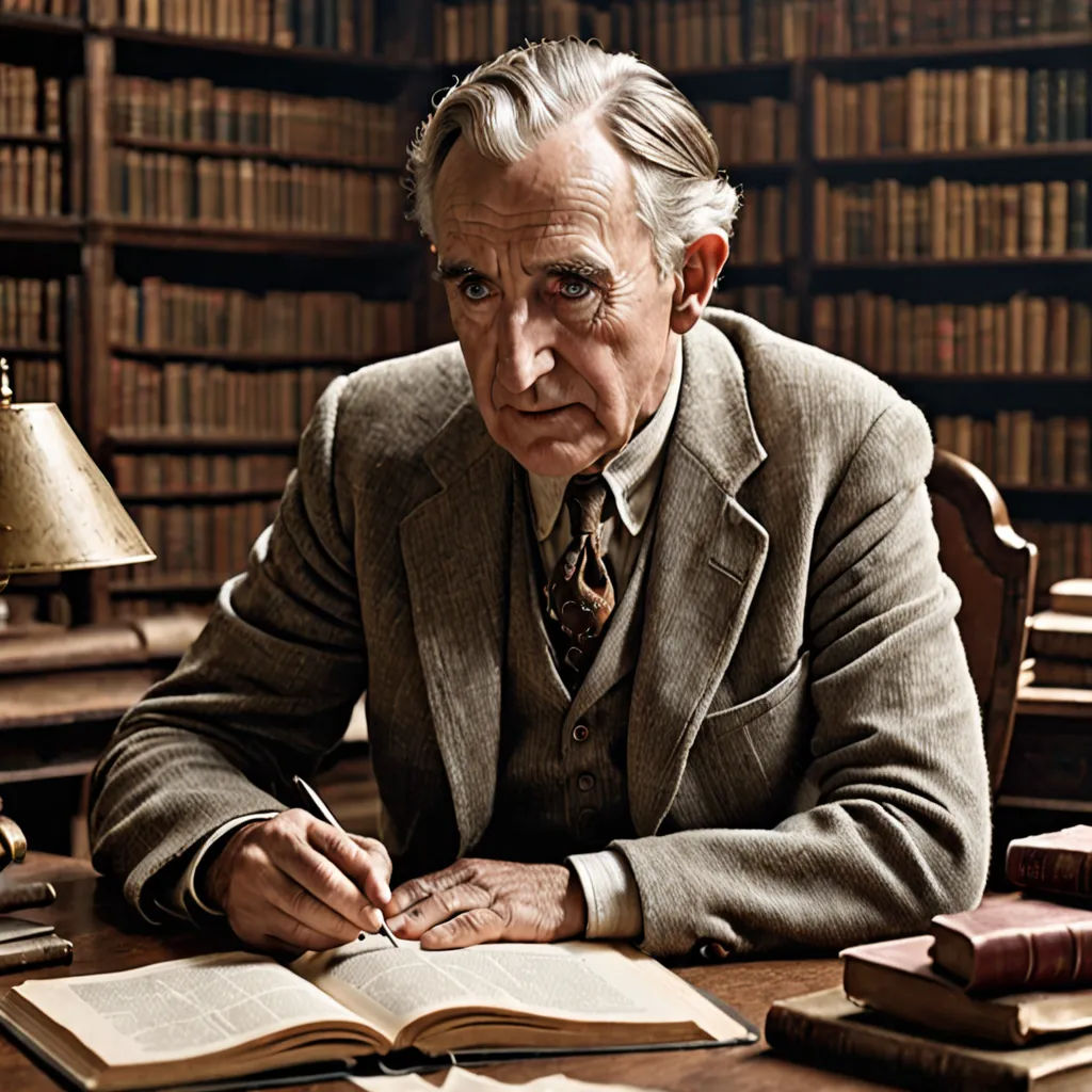 a man sitting at a table with a book and pen in his hand and a lamp on the table, David Annand, arts and crafts movement, a colorized photo, promotional image