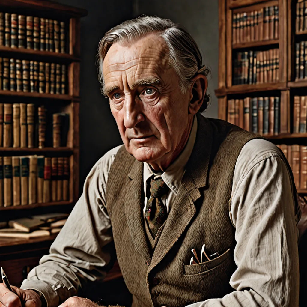 a man sitting at a desk in front of a book shelf with a pen and paper in his hand, David Annand, arts and crafts movement, a character portrait, promotional image