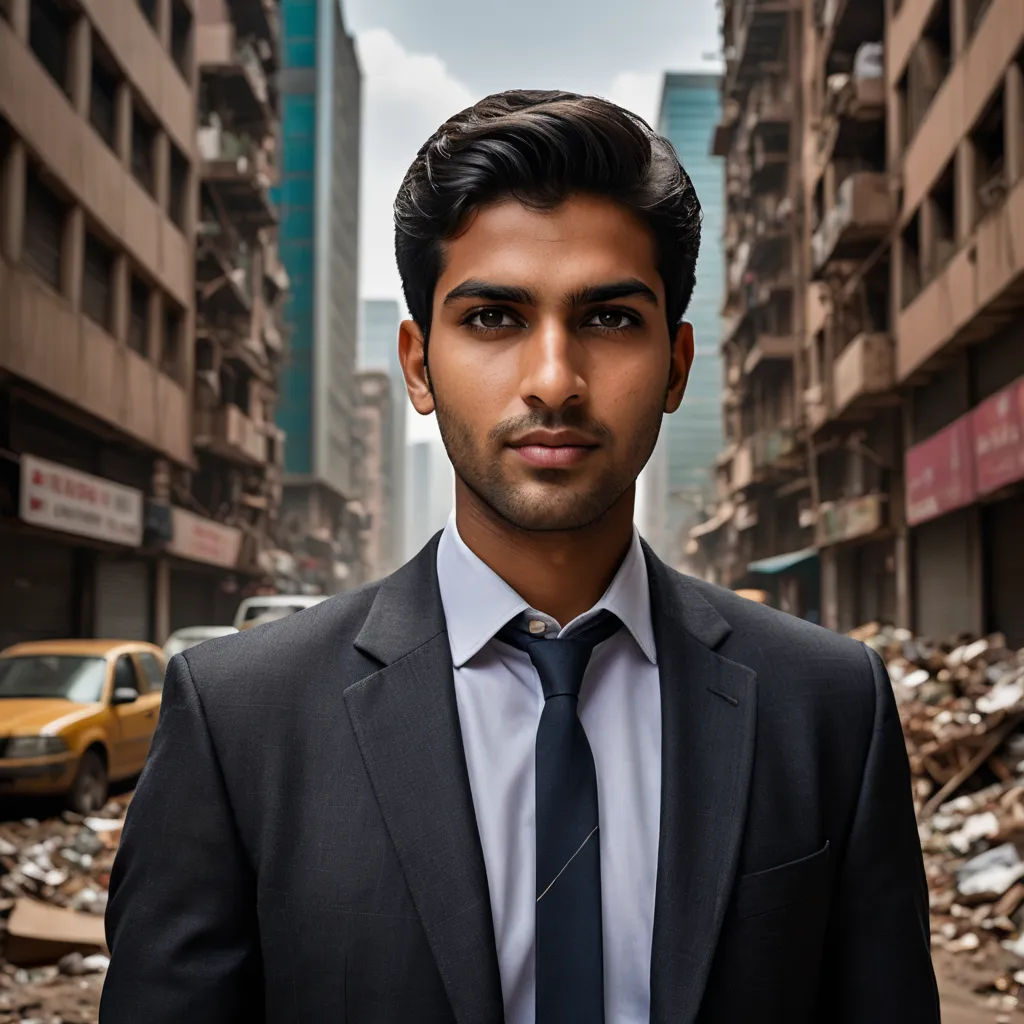 a man in a suit and tie standing in a street with buildings in the background and debris everywhere around, neoism, a character portrait, Anthony Devas, jayison devadas