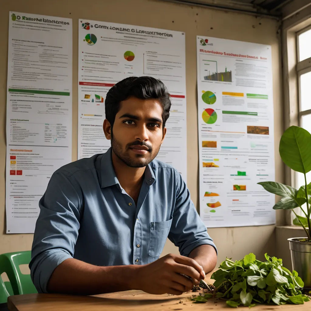 a man sitting at a table with a bunch of greens on it in front of a poster of plants, samikshavad, a stock photo, Bikash Bhattacharjee, jayison devadas