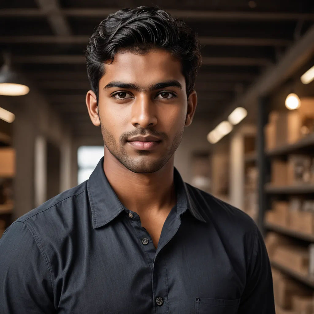 a man standing in a warehouse with shelves of boxes behind him and a camera in his hand to his left, samikshavad, a stock photo, Bikash Bhattacharjee, jayison devadas
