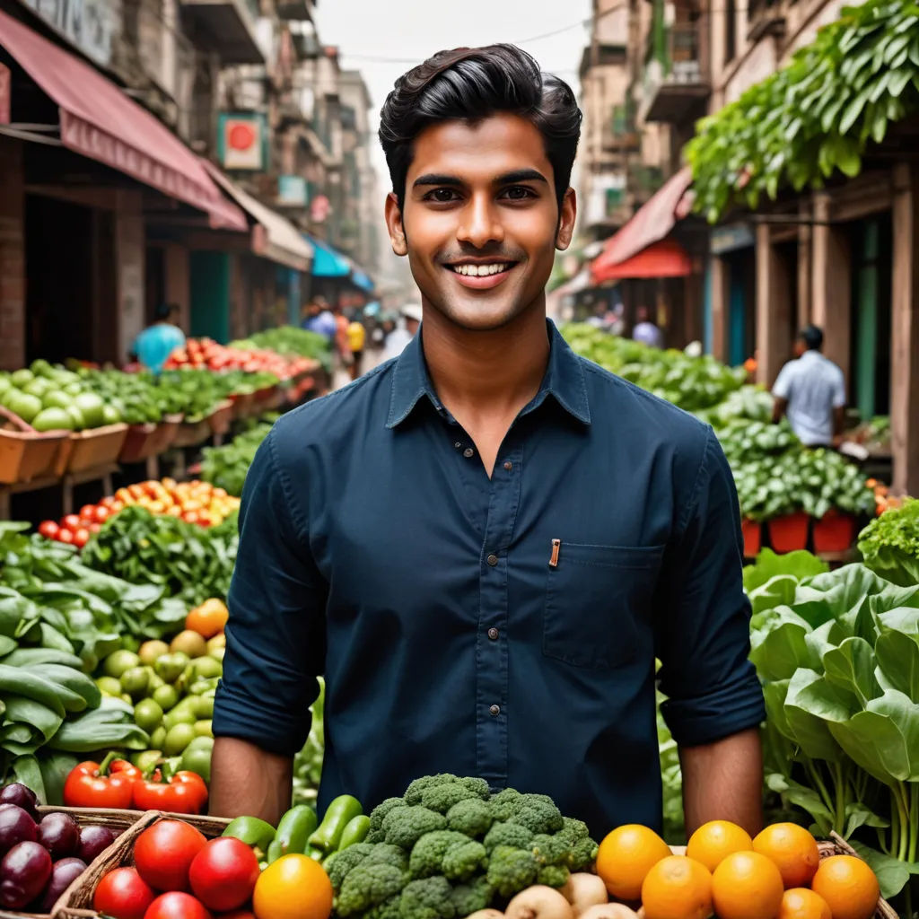 a man standing in front of a display of vegetables and fruits in a market place with a smile on his face, samikshavad, a stock photo, Bikash Bhattacharjee, jayison devadas