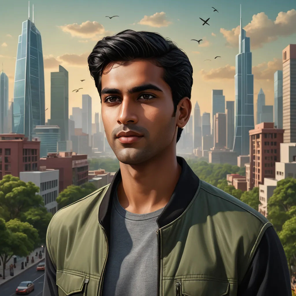 a man in a green jacket standing in front of a cityscape with birds flying overhead and a bird flying overhead, photorealism, a character portrait, Chris LaBrooy, highly detailed digital painting