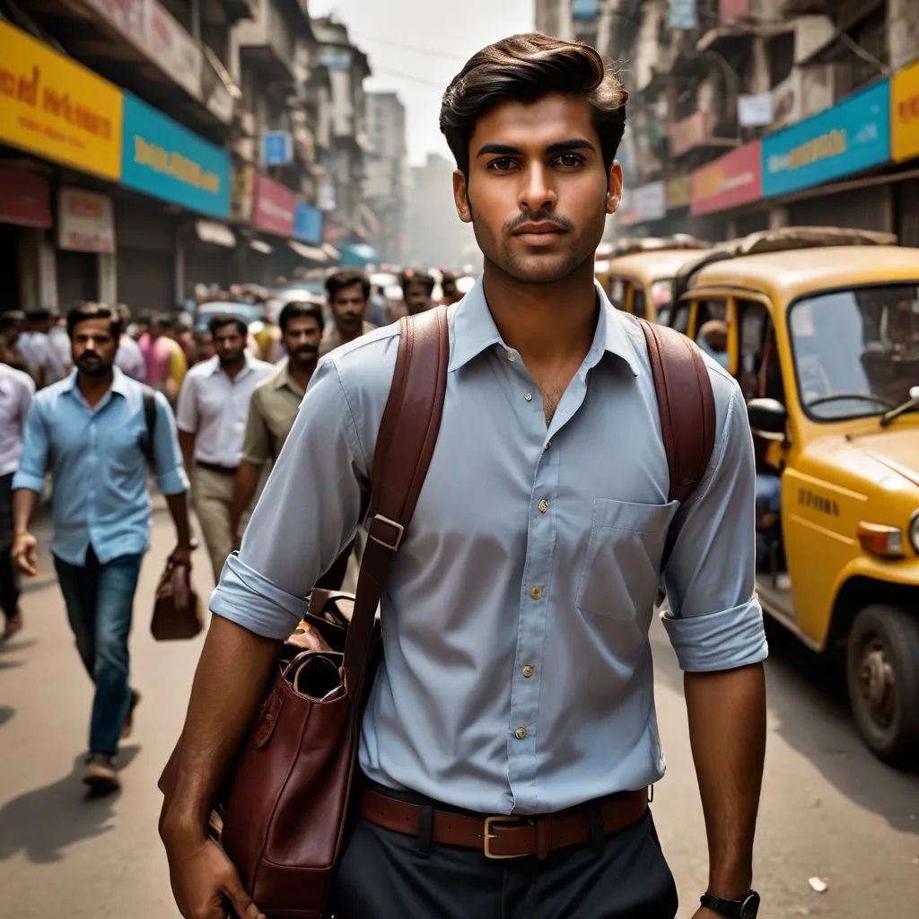 a man in a blue shirt and a brown bag walking down a street with a yellow taxi behind him, samikshavad, a character portrait, Bikash Bhattacharjee, jayison devadas
