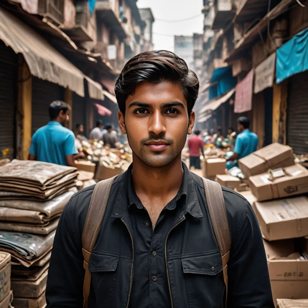 a man standing in a street with boxes on the ground and people in the background in a city with buildings, samikshavad, a character portrait, Bholekar Srihari, jayison devadas