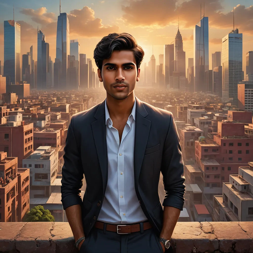 a man standing in front of a city skyline with a sunset in the background and a cityscape in the foreground, photorealism, a hyperrealistic painting, Chris LaBrooy, ultra realistic digital art