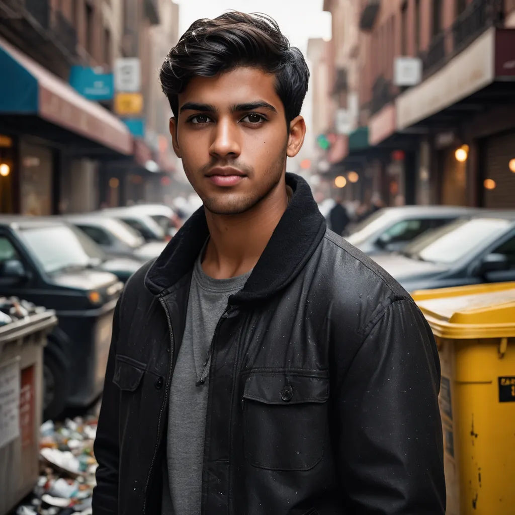 a man standing in front of a trash can in a city street with cars parked on the side of the street, samikshavad, a character portrait, Bikash Bhattacharjee, jayison devadas