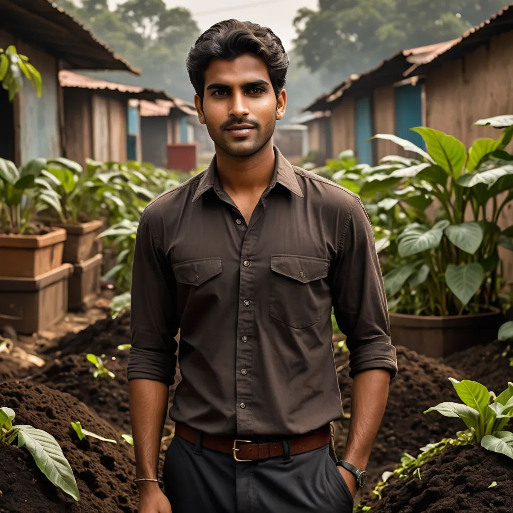 a man standing in a garden with a lot of dirt and plants in the background and a row of houses in the background, samikshavad, a character portrait, Bikash Bhattacharjee, jayison devadas