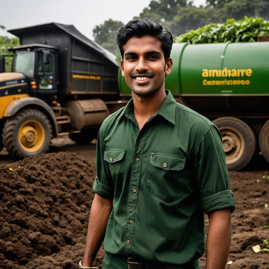 a man standing in front of a green truck and a green tractor behind him and a green trailer behind him, samikshavad, a character portrait, Anthony Devas, jayison devadas