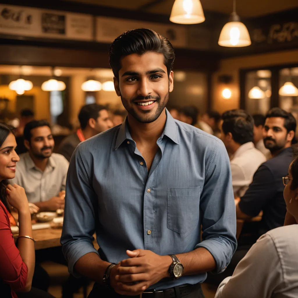 a man standing in a restaurant with a group of people around him and smiling at the camera, with a lot of people sitting around him, samikshavad, a stock photo, Bikash Bhattacharjee, jayison devadas