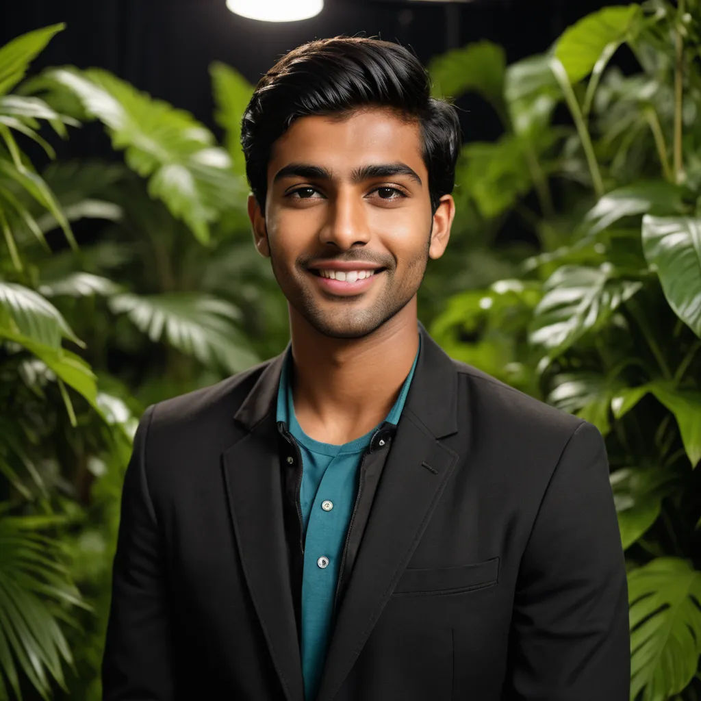 a man in a suit standing in front of a plant wall with a smile on his face and a green shirt on, samikshavad, a stock photo, Anthony Devas, jayison devadas