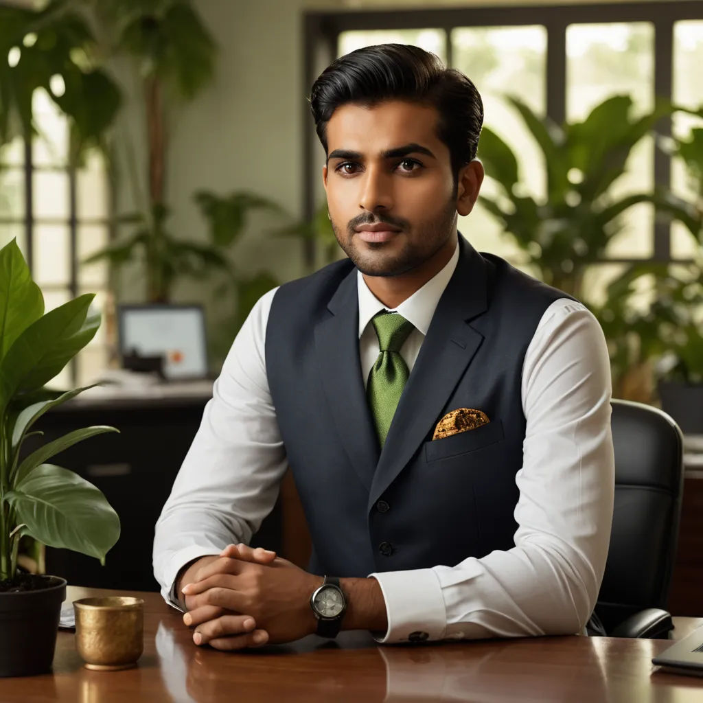 a man in a suit sitting at a desk with a plant in the background and a potted plant in the foreground, samikshavad, a character portrait, Bholekar Srihari, jayison devadas