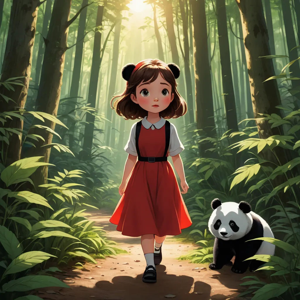 a girl in a red dress is walking in the woods with a panda bear behind her and a sunbeam, serial art, a storybook illustration, Atey Ghailan, rossdraws global illumination