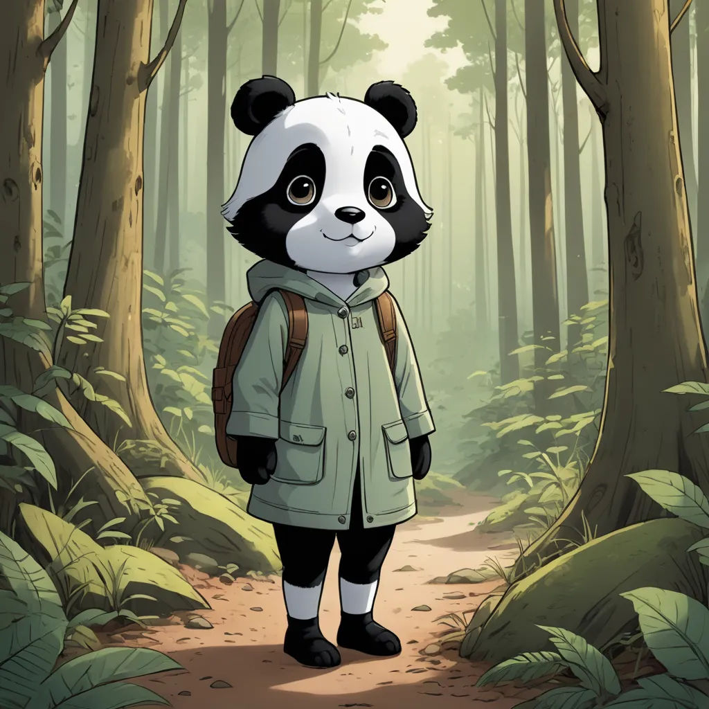 a panda bear wearing a coat and boots in a forest with trees and leaves on the ground and a path leading to it, serial art, a character portrait, Bian Jingzhao, official art