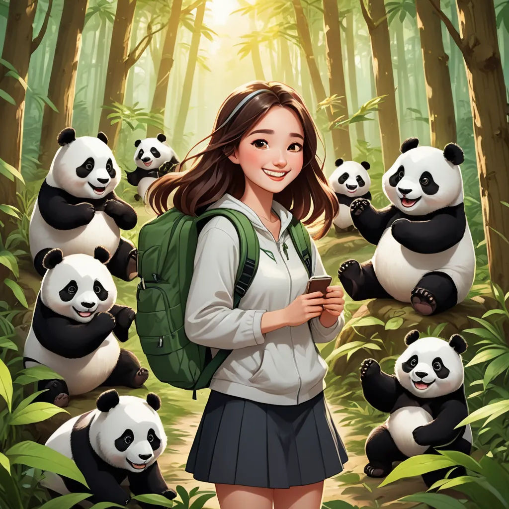 a girl in a panda forest with pandas in the background and a girl in a backpack looking at her phone, furry art, a storybook illustration, Chen Hong, comic cover art