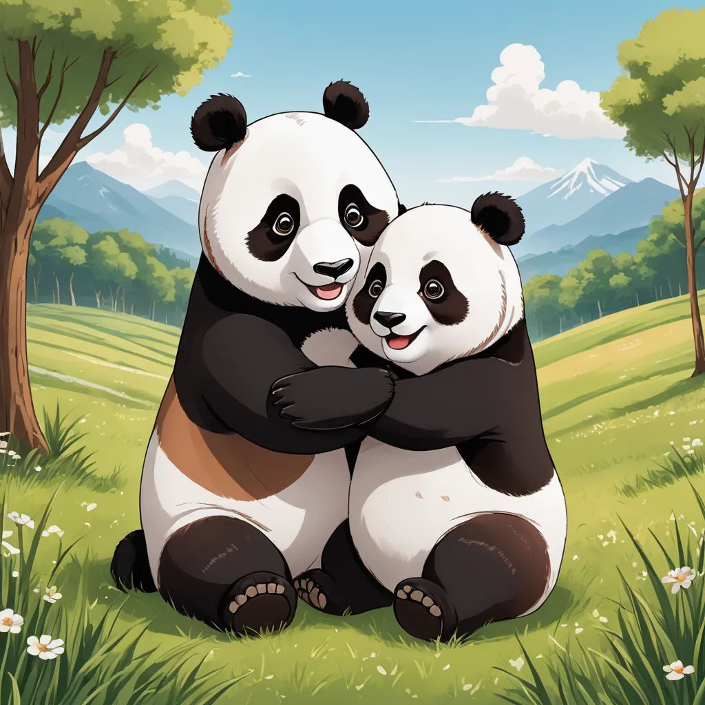 a couple of pandas sitting on top of a lush green field next to a forest and a mountain, naive art, a storybook illustration, Ding Guanpeng, cute and funny