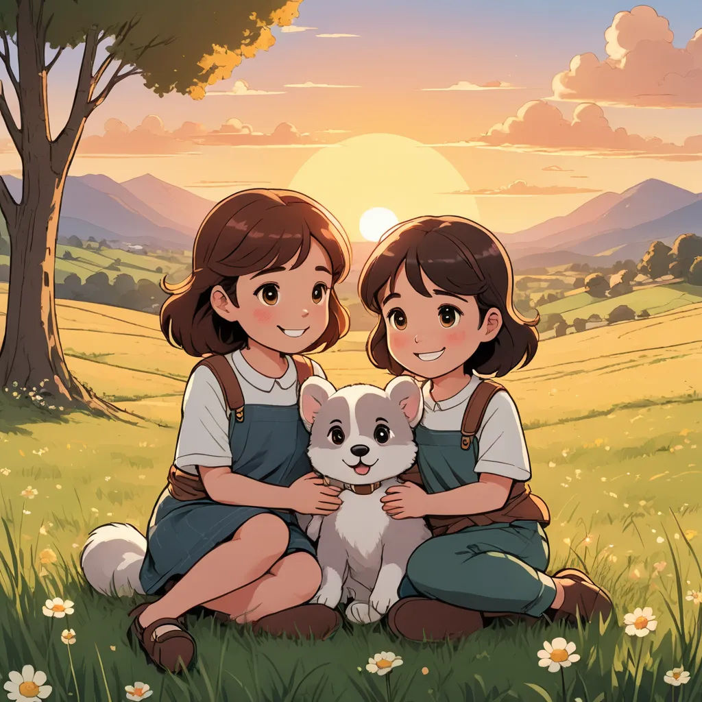two girls sitting in the grass with a dog in front of them and a sunset behind them, with a field of flowers and a tree, color field, a storybook illustration, Diego Gisbert Llorens, official art