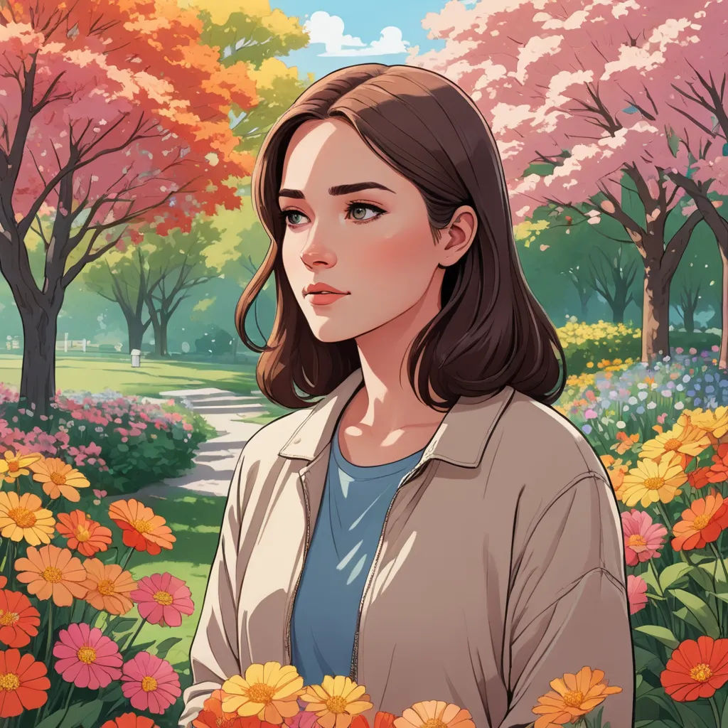 a woman standing in a field of flowers with trees in the background and a path leading to a park, aestheticism, a character portrait, Eve Ryder, official art