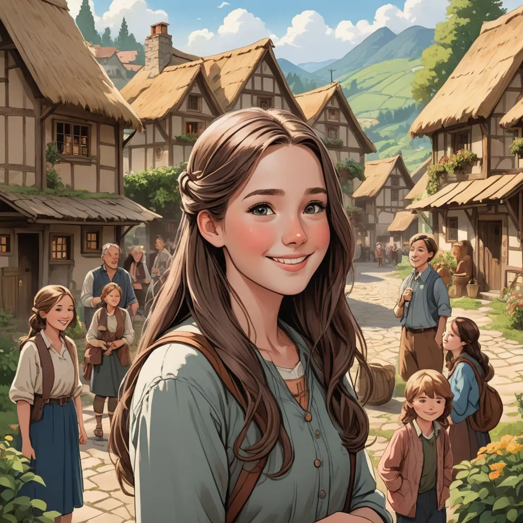 a painting of a woman standing in front of a village with people walking around her and a man standing behind her, fantasy art, a storybook illustration, Colin Middleton, kinkade