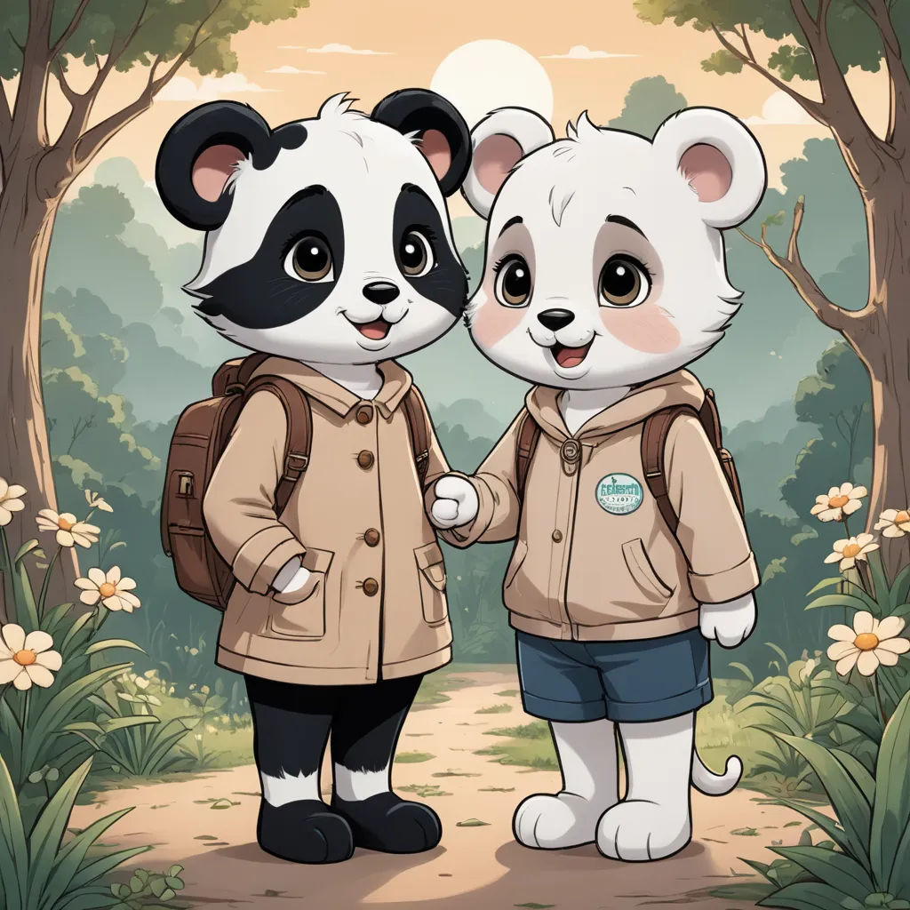 two panda bears are standing in the woods together, one is wearing a jacket and the other is wearing a backpack, furry art, a storybook illustration, Fan Qi, official art