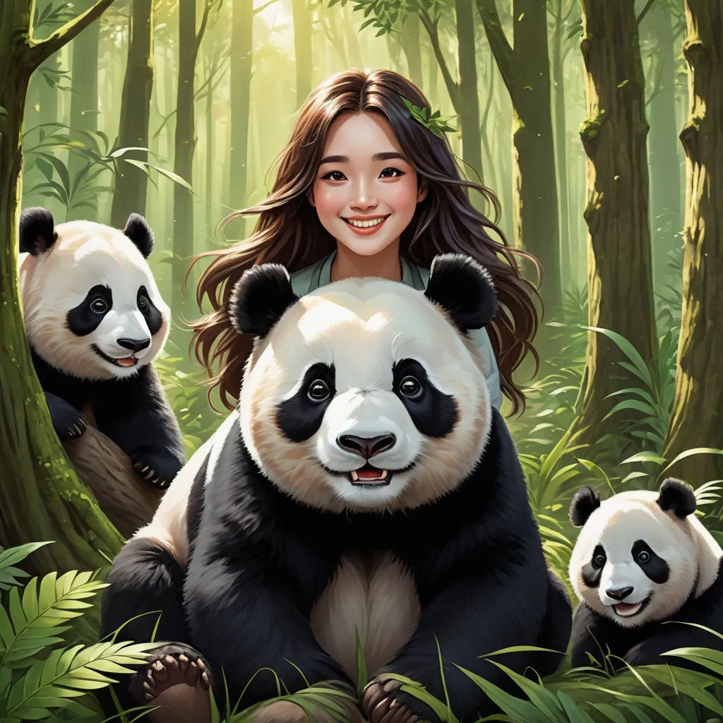 a woman is sitting on a tree with two pandas in the forest behind her and smiling at the camera, fantasy art, a digital painting, Chen Lin, cgstudio