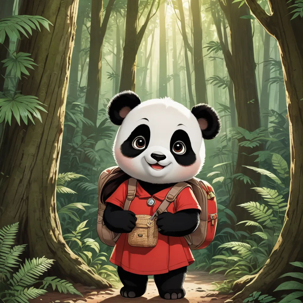a panda bear with a backpack in a forest with trees and ferns on the ground, with a sunbeam in the background, sots art, a storybook illustration, Chen Hong, official art