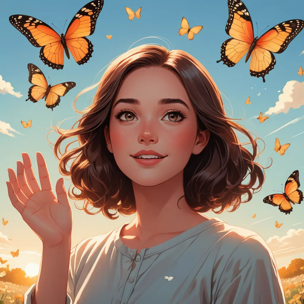 a woman with a butterfly background and a bunch of butterflies flying around her head and hands in the air, fantasy art, a detailed painting, Atey Ghailan, trending on art station