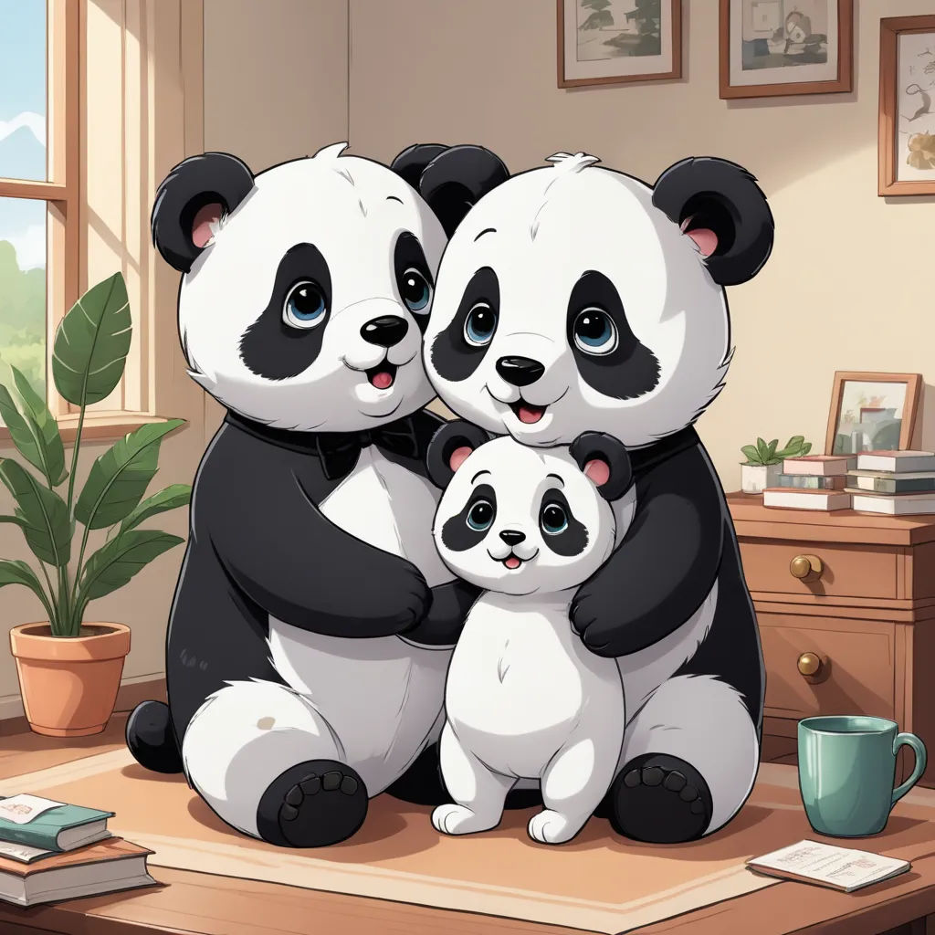 a mother panda with her two cubs on a table in a room with a potted plant and a window, furry art, a painting, Arthur Pan, official art