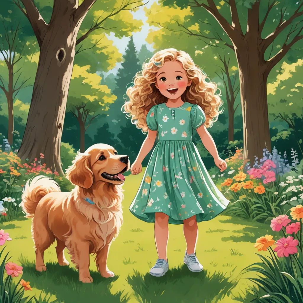 a girl and a dog are standing in the woods together, smiling and looking at each other, with a dog in the foreground, american scene painting, a storybook illustration, Claire Hummel, storybook illustration