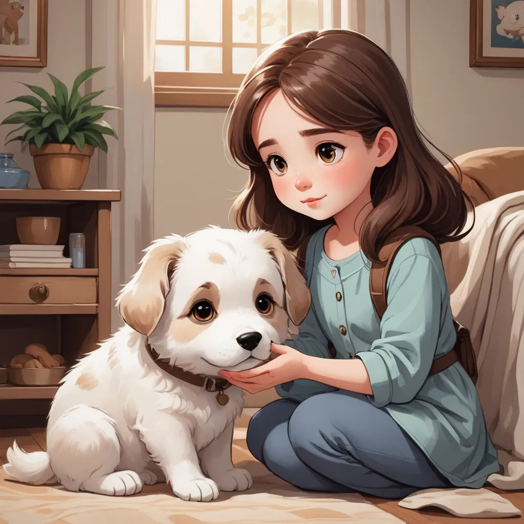 a girl is petting a dog in a room with a couch and a table with a potted plant, furry art, a storybook illustration, Chen Lin, soft painting