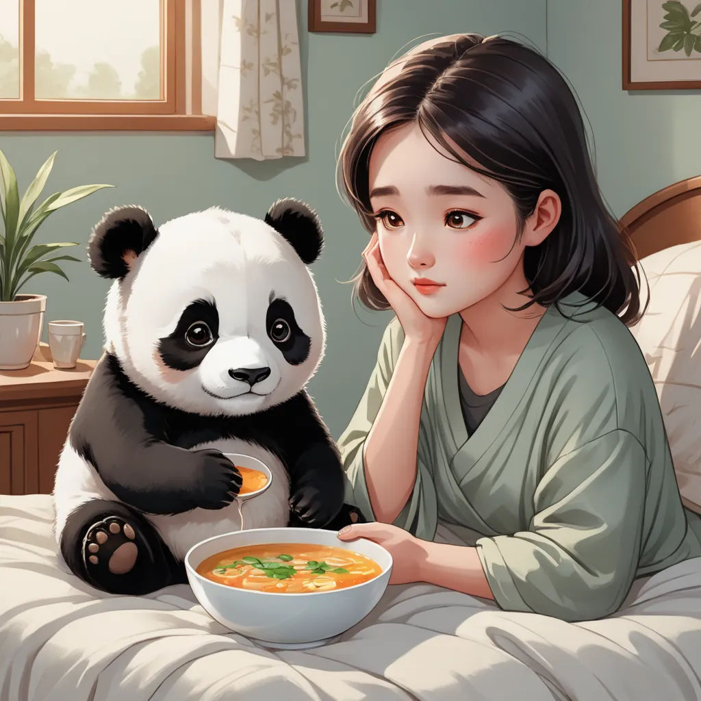 a woman sitting on a bed with a bowl of soup next to a panda bear on the bed and a pot of soup in front of her, shock art, a storybook illustration, Atey Ghailan, cgstudio