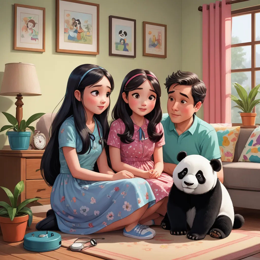 a family sitting on the floor with a panda bear and a cat in front of them, in a living room, sots art, a storybook illustration, disney, official art