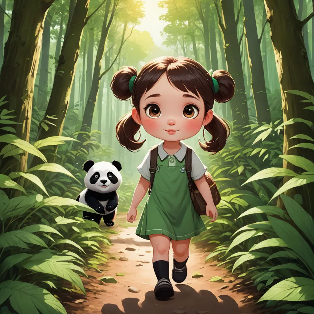 a girl in a green dress is walking through the woods with a panda bear behind her on a path, serial art, a storybook illustration, Chen Lin, trending on art station