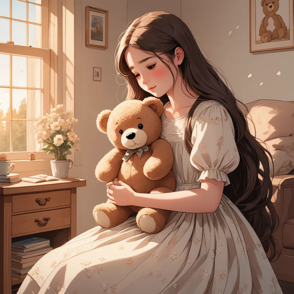 a girl in a dress holding a teddy bear in her lap and looking down at her chest with a teddy bear in her lap, fantasy art, a storybook illustration, Clarice Beckett, rossdraws global illumination