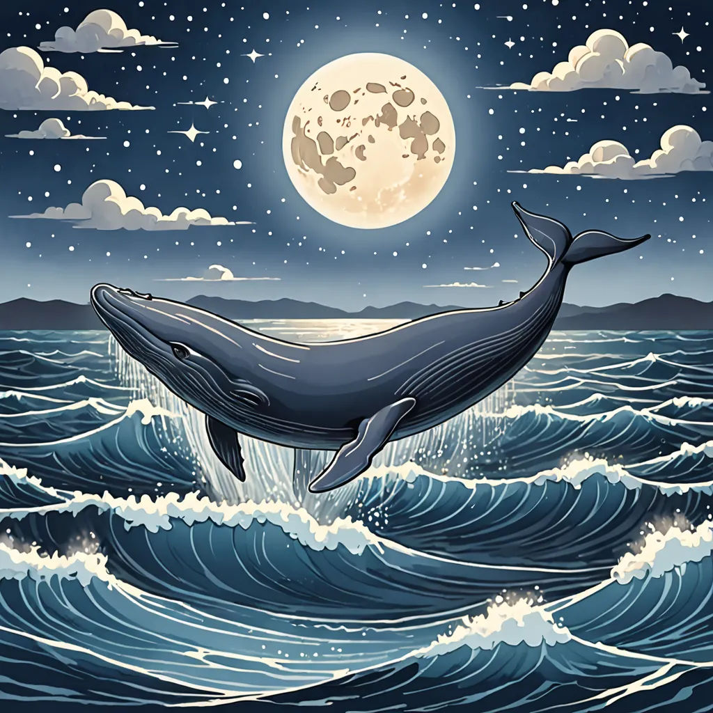 a whale jumping out of the water at night with a full moon in the background and clouds in the sky, space art, a storybook illustration, Dan Mumford, detailed illustration