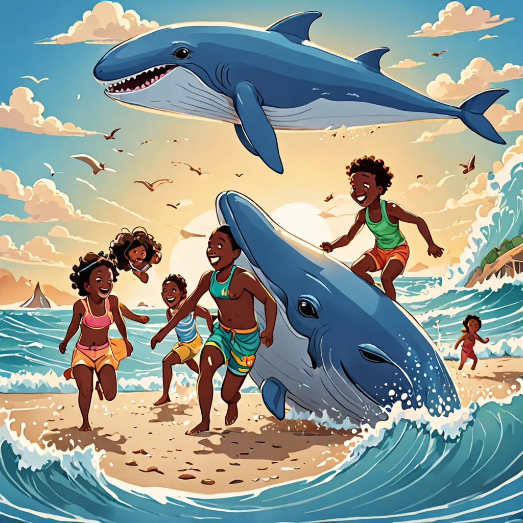 a group of children playing on the beach with a dolphin and a shark in the background, and a man jumping off the beach, afrofuturism, a storybook illustration, Asaf Hanuka, comic cover art