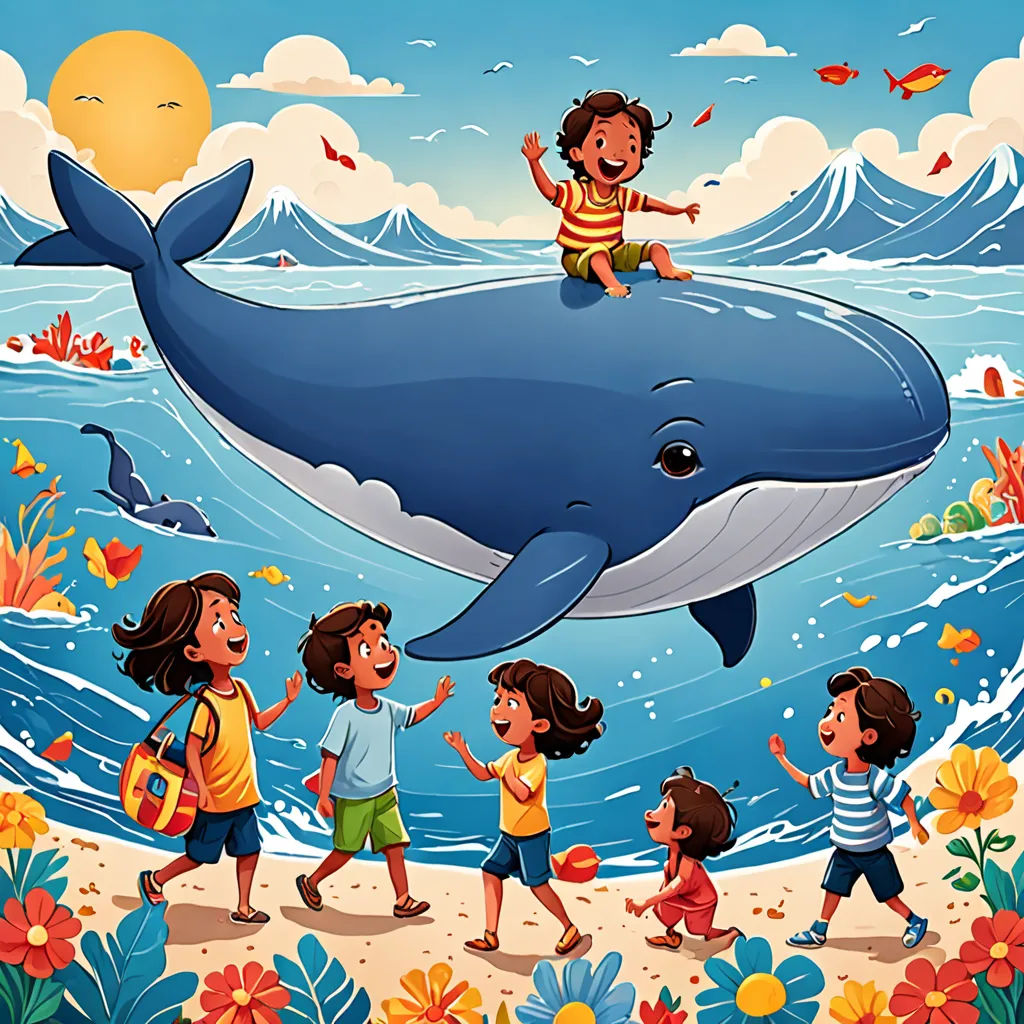 a group of children standing around a whale in the ocean with a man on top of it's head, lyco art, a storybook illustration, Diego Gisbert Llorens, storybook illustration